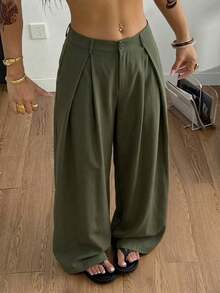 SHEIN PETITE CURVE Quần ống đứng dáng rộng, thoải mái, thích hợp đi làm, cỡ lớn - màu xanh lá - Xem 3
