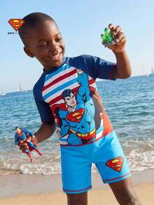SUPERMAN X SHEIN Maija Kids 男童春夏修身拼接泳装，合作款 - 藍色 - 查看 3