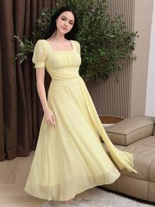Feyla Women Elegant Square Neck Puff Sleeve Pale Yellow Midi Dress Summer Chiffon Flowy Party Vacation GownChiffon For GownWomen With And Sleeves - Light Yellow - View 9
