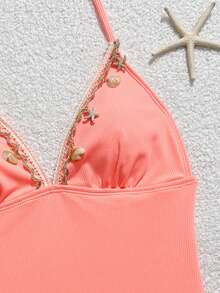 SHEIN Teen Girls Tankinis Fluorescent Orange Ribbed Fabric Adjustable Spaghetti Strap Bikini Set With Shell & Starfish Decor - Red - View 4