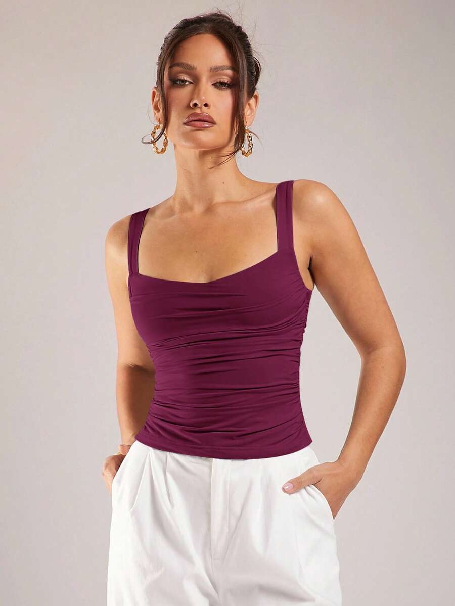 Silquee Women's Fashionable Versatile Pleated Camisole, Suitable For Daily Wear And Vacation,Summer Top - Maroon - View 1