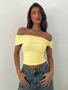 Aloruh Women's Solid Color Off-Shoulder Knit T-Shirt Top,Summer Top - Light Yellow - View 3