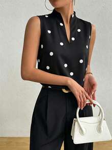RosyDaze Notched Collar Sleeveless Polka Dot Summer Fashion Shirt - Black - View 4