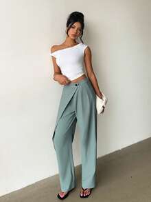 SHEIN Raffinéa 女士休闲、办公、通勤纯色裹身褶皱二合一长裤，适合春、夏、秋季穿着 - 0.霧綠 - 查看 8