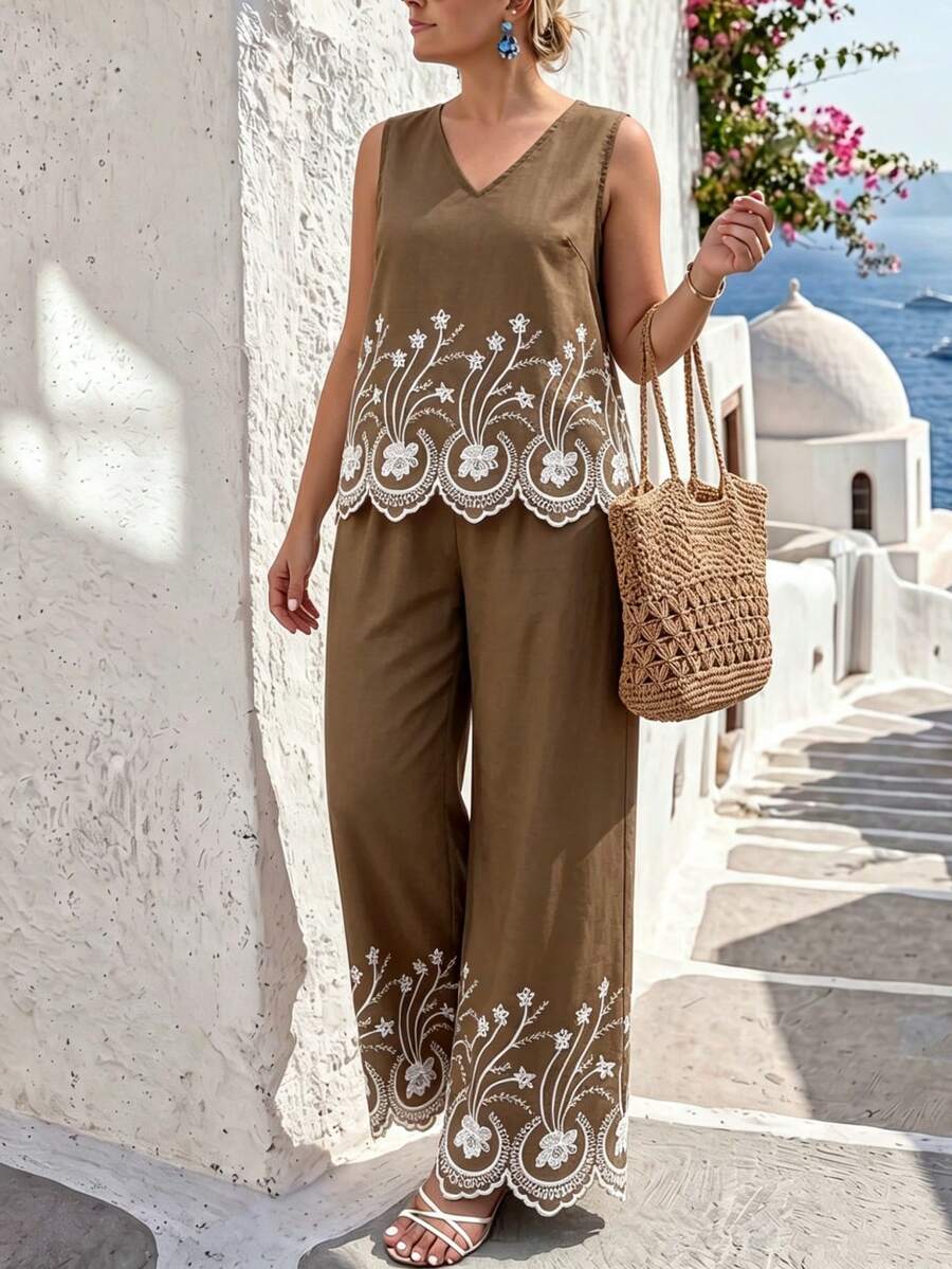 EMERY ROSE V-Neck Sleeveless Top + Wide Leg Lace Embroidered Pants 2 Pieces Set, Coffee Color - Coffee Brown - View 1