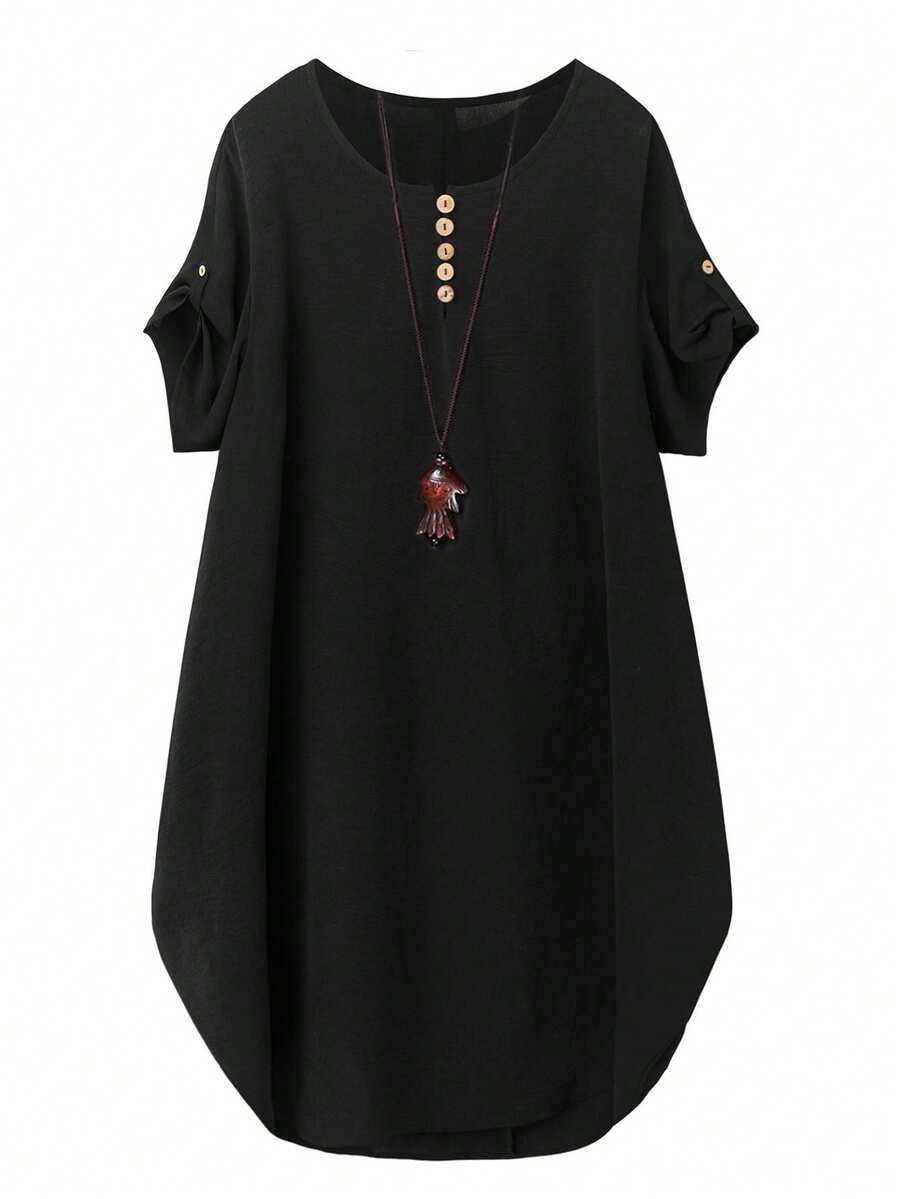 SHEIN LUNE 大码女士圆领短袖休闲舒适设计感连衣裙,适合日常通勤穿着 - 黑色 - 查看 1