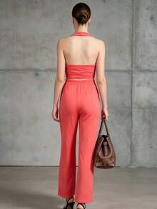 INAWLY Conjunto de 2 piezas de camiseta sin espalda y pantalones largos sólidos de uso diario para mujeres - Rosa Fucsia - Ver 2