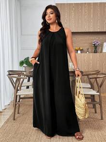 Weeklong Plus Size Casual Pleated A-Line Jumpsuit Fall - Black - View 7