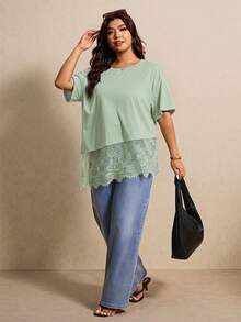 Elaquor Plus Size Summer Casual Solid Color Lace Patchwork T-Shirt - Mint Green - View 5