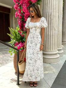 Pariaura Vestido tejido con cuello cuadrado largo, mangas de pétalos y bordado para mujer - Multicolor - Ver 1