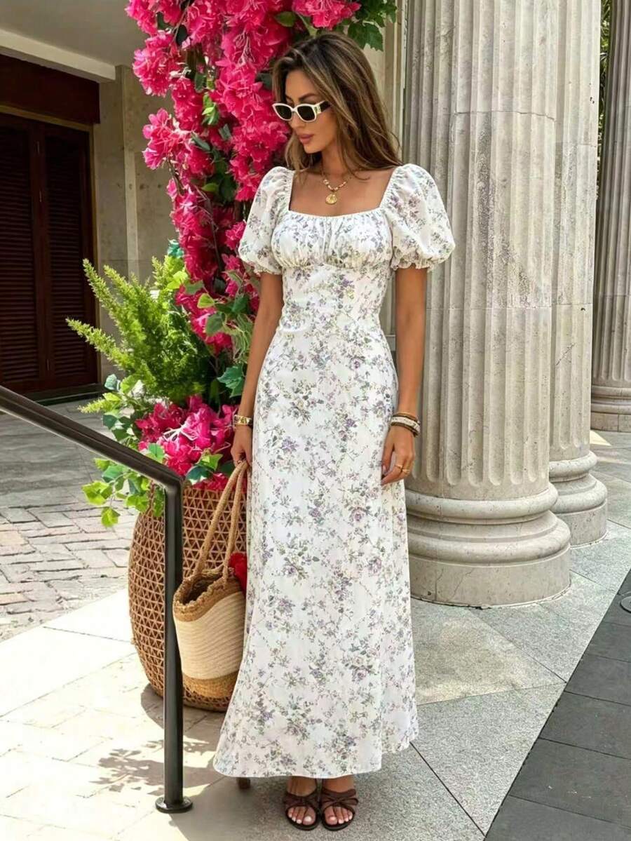 Pariaura Vestido tejido con cuello cuadrado largo, mangas de pétalos y bordado para mujer - Multicolor - Ver 1