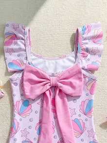SHEIN 嬰兒/幼兒（女童）拼色粉色蝴蝶結豹紋卡通圖案休閒可愛度假沙灘泳衣 - 淺粉色 - 查看 3