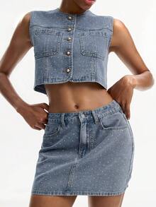 Joudiya Bộ vest denim nữ đính đá lấp lánh, một hàng cúc và chân váy ngắn. - Rửa nhẹ - Xem 5