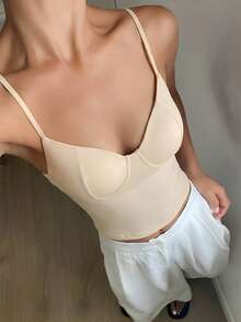 DAZY 女士夏季纯色吊带背心，内置胸垫 - 杏色 - 查看 5