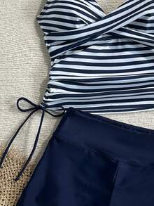 Swim Lushoire Bộ đồ bơi nữ gồm áo tankini kẻ sọc, dây rút phía trước và quần short màu xanh navy. - Màu xanh hải quân - Xem 4