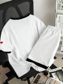 Manfinity Joysei Men's Color-Blocked Crew Neck Embroidered T-Shirt Set, Suitable For Everyday Wear, Outings, And Vacations. - White - View 2