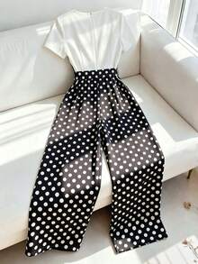 Franclia Quần liền quần nữ công sở thường ngày, khóa kim loại, họa tiết chấm bi, phối màu. - màu đen - Xem 2