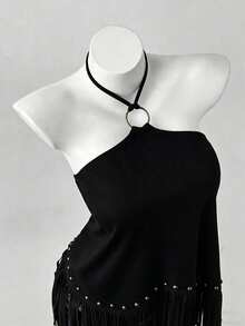 Sunspun Plus Size Tie-Up Asymmetrical Hem Tassel Beaded Backless Halter Top - Black - View 6