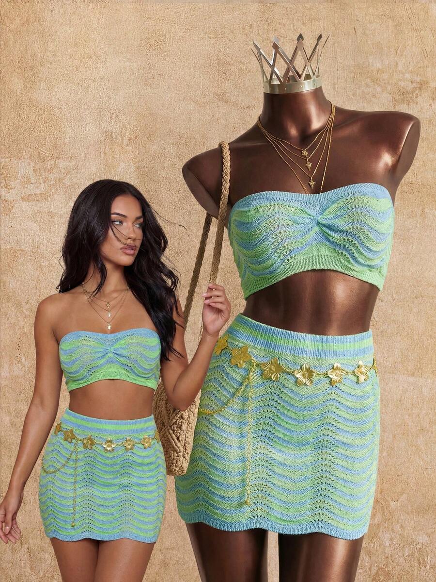 Elin Vora Women's Summer Boho Beach Vacation Holiday Blue Striped Knitted Two-Piece Set,Y2K Wave Pattern Hollow-Out Pleated Music Festival Party Outfits - Green - View 1
