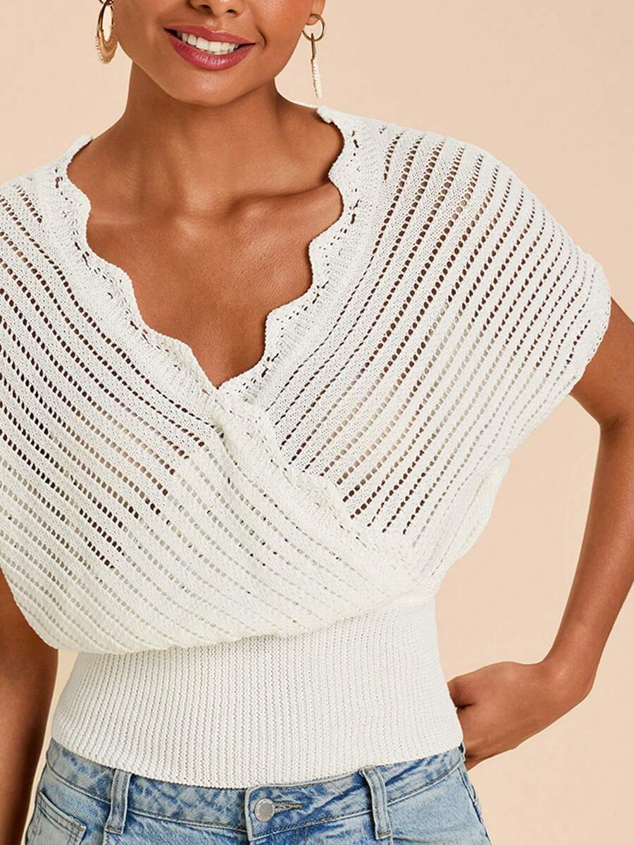 SHEIN TRVLCHIC Women's Fashion V-Neck Knitted H-Shape Top - White - View 1