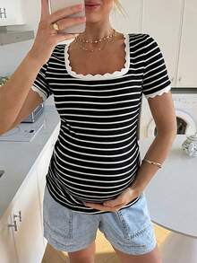SHEIN Áo thun ngắn tay cổ vuông kẻ sọc dành cho bà bầu - Đen và trắng - Xem 8
