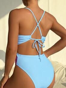Swim SXY Springbreak Swim Vcay 女士性感深V露背交叉绑带连体泳衣，度假印花 - 藍色 - 查看 2