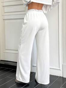 SHEIN EZwear Calça feminina casual minimalista e versátil, em cor sólida, com detalhe contrastante de renda na cintura e cordão, modelagem ampla e pernas largas. - Branco - Ver 2