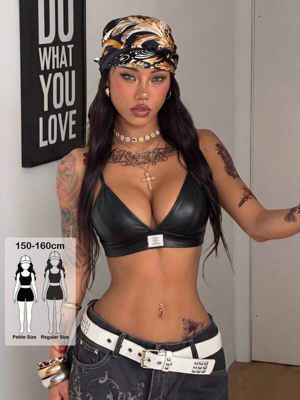 SHEIN Coolane Petite Women's Black Summer Streetwear Rave Leather Stretchy V-Neck Tank Crop Tops,Petite-Friendly Cropped Bikini Top For Concert Club Party Streetwear