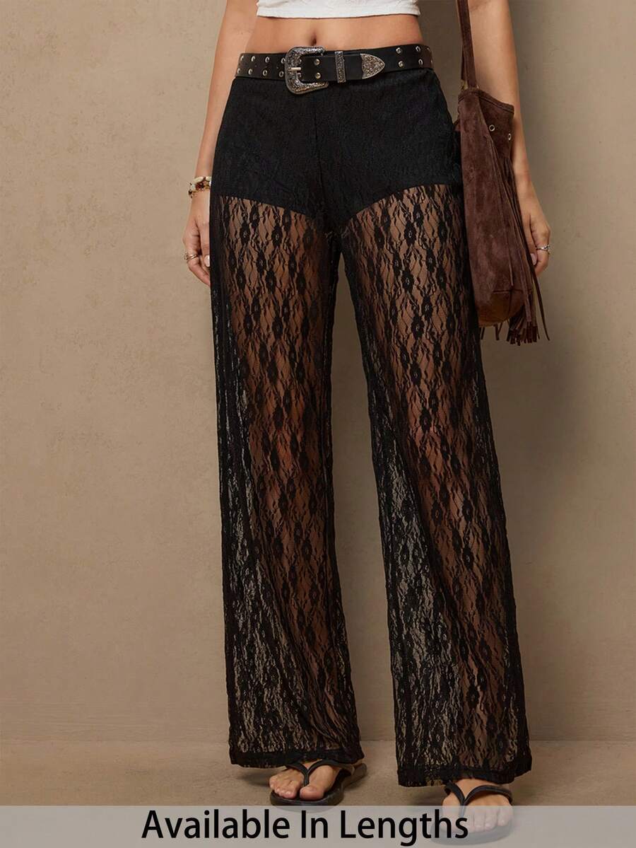 SHEIN PETITE CURVE 大码纯色蕾丝拼接弹力腰休闲裤 - 黑色 - 查看 1