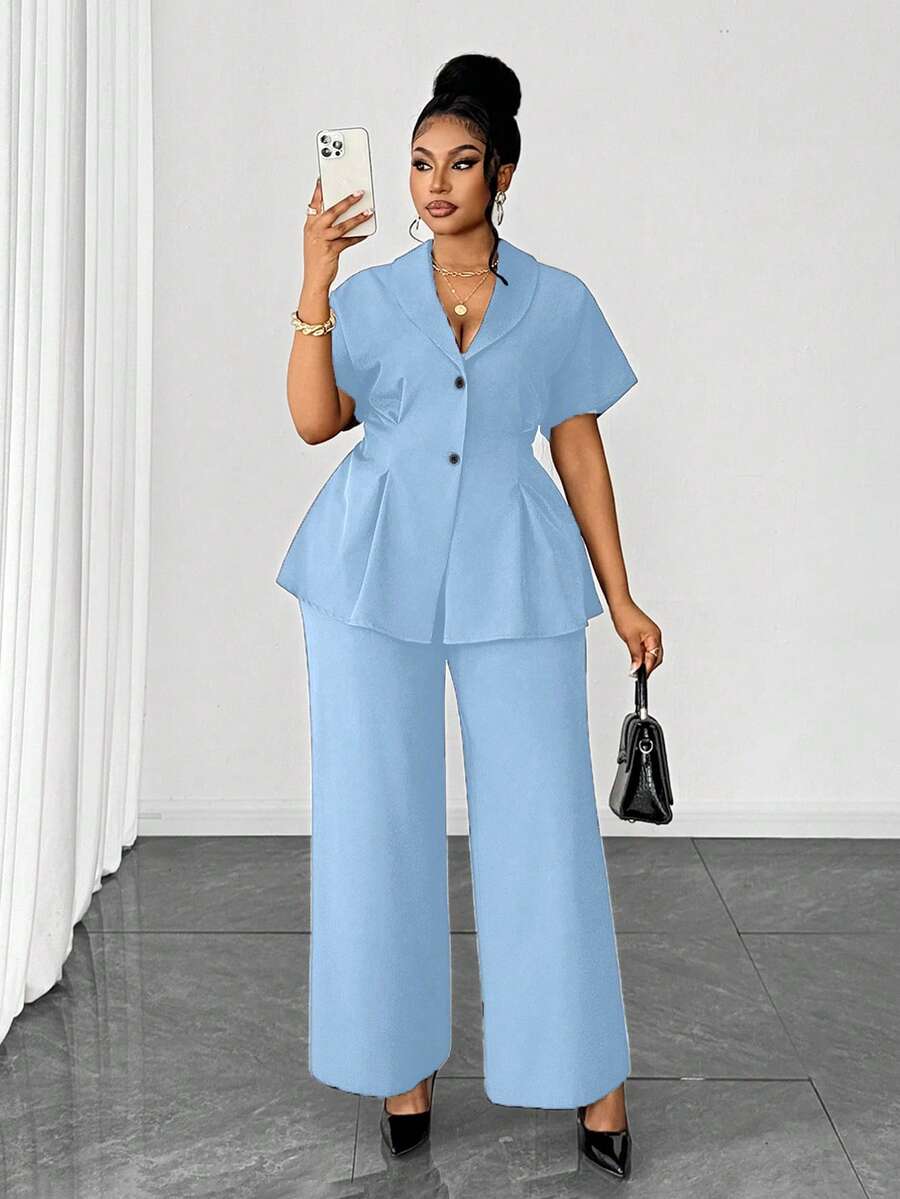 Maweii Bộ đồ nữ thời trang gồm áo cardigan cổ chữ V tay ngắn và quần ống rộng, trang phục nghỉ dưỡng thanh lịch, kiểu dáng tôn dáng, thiết kế độc quyền, cỡ lớn, thích hợp cho mùa xuân/hè/thu. - Màu xanh lam - Xem 1