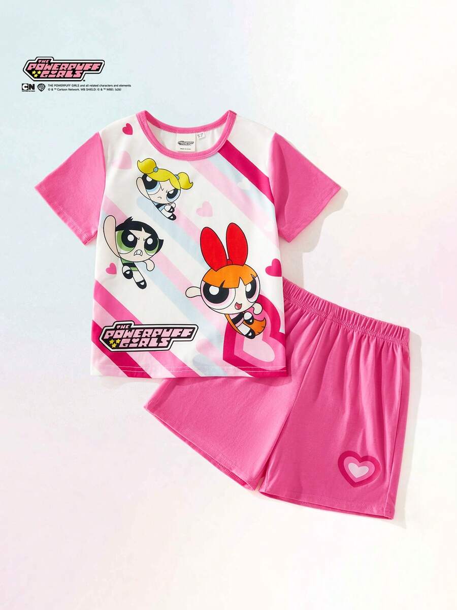THE POWERPUFF GIRLS X SHEIN 女童卡通动物印花柔软针织圆领短袖上衣和松紧腰短裤两件套 - 粉色 - 查看 1