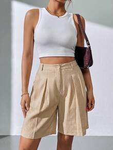 EURMUSE Women Beige Linen Pleated Bermuda Shorts - Beige - View 4