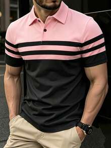 Manfinity Homme 男士休闲日常通勤撞色条纹印花短袖Polo衫，夏季 - 彩色 - 查看 3