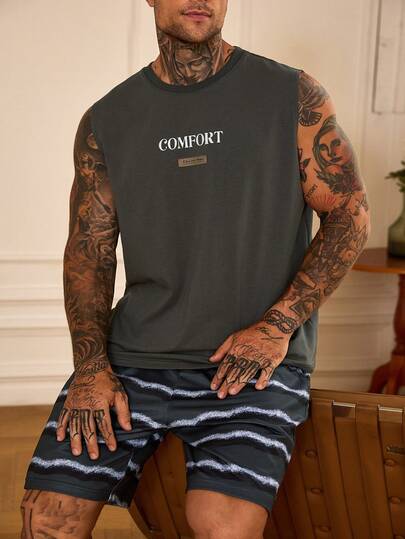 DAZY Bộ quần short và áo tank top nam, in chữ, nhiều màu, đồ mặc nhà.