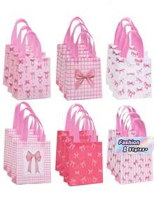 Pack Of 6/12/24, Sweet Bowknot Printed Non-Woven Tote Bags, Birthday Gift Packaging Bags, Creative Small Fresh Holiday Gift Bags - multicolor - View 1