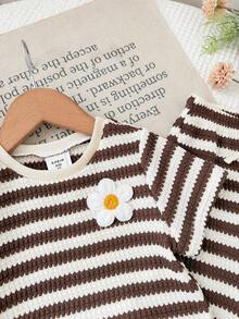 SHEIN Young Girl Striped Print Round Neck Short Sleeve T-Shirt And Pants Casual Set - Multicolor - View 4