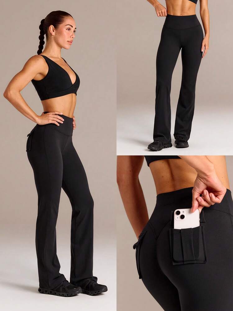 31" FeatherFit™-Sculpt Lift & Flow Flare High Compression Butt-Lifting Sculpt Seams Pants With Cargo Back Pockets Medium Impact Training Running Workout Gym Fitness Wear