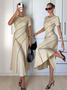 Siren Gaze Elegant Beige Striped Summer Maxi Dress For Women,Luxury Asymmetrical Tea Party Brunch Outfits, Slim Fit Short Sleeve Retro Office Siren Work Dress - Apricot - View 4