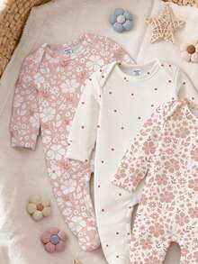 SHEIN 【随机3套，送1套】新生儿0-12个月碎花连体衣，自然灵感设计，长袖连脚设计，按扣，居家、休闲外出、春夏四季皆宜 - 彩色 - 查看 3