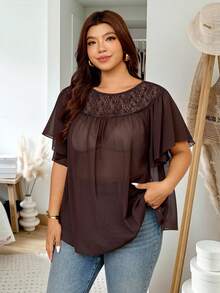 Vionelle Plus Size Brown Chiffon Elegant Summer Tea Party Top,Women's Sheer Casual Vacation Blouse With Hollow Floral Trim At Neckline & Shoulders Dinner Shirt - Coffee Brown - View 3