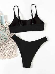 SHEIN Swim Women's Summer Vacation Style Simple Solid Color Bikini Set - Black - View 3