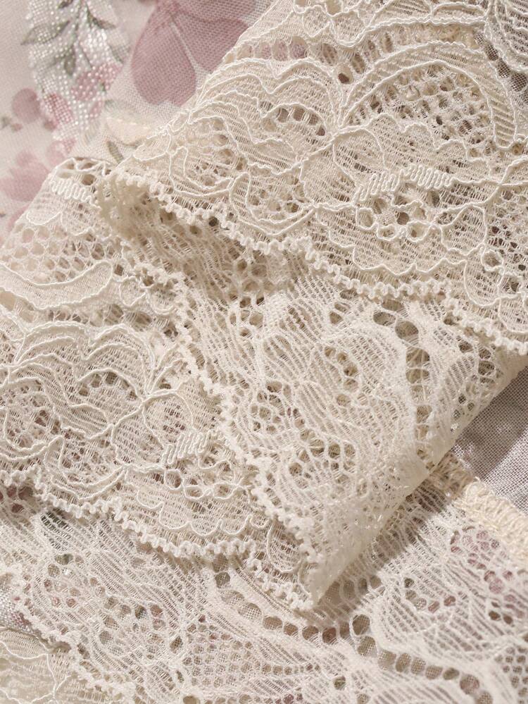 Floral Contrast Lace Trim Drawstring Tie Cropped Long Sleeve Blouse & Ruffle Hem Mini Skirt Elegant Summer 2-Piece Set For Women