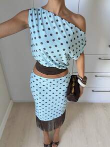 Siren Gaze Women's Summer French Retro Vacation Style Polka Dot Print Contrast Color Asymmetrical Collar Cropped Top And Mini Skirt 2-Piece Set - Multicolor - View 4