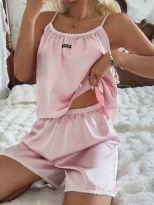 DAZY Conjunto de pijama de camiseta y pantalones cortos de mujer con parches de encaje de color contrastante para verano - Rosa - Ver 8