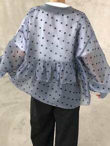 女士波点印花薄纱拉链长袖衬衫 - 灰色 - 查看 3