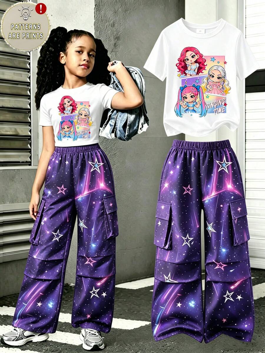 2件套女童时尚星星字母渐变印花短袖上衣和渐变星星印花口袋工装裤套装，适合夏季外出穿着 - 彩色 - 查看 1