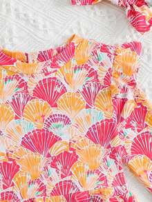SHEIN Playful Pals Baby Girls Cute Multi-Color Shell Print One-Piece Swimsuit,Long Sleeve Zipper Ruffle Beachwear,Suitable For Swimming,Summer,Holiday,Beach,Pool Party - Burnt Orange - View 3