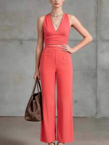 INAWLY Conjunto de 2 piezas de camiseta sin espalda y pantalones largos sólidos de uso diario para mujeres - Rosa Fucsia - Ver 1