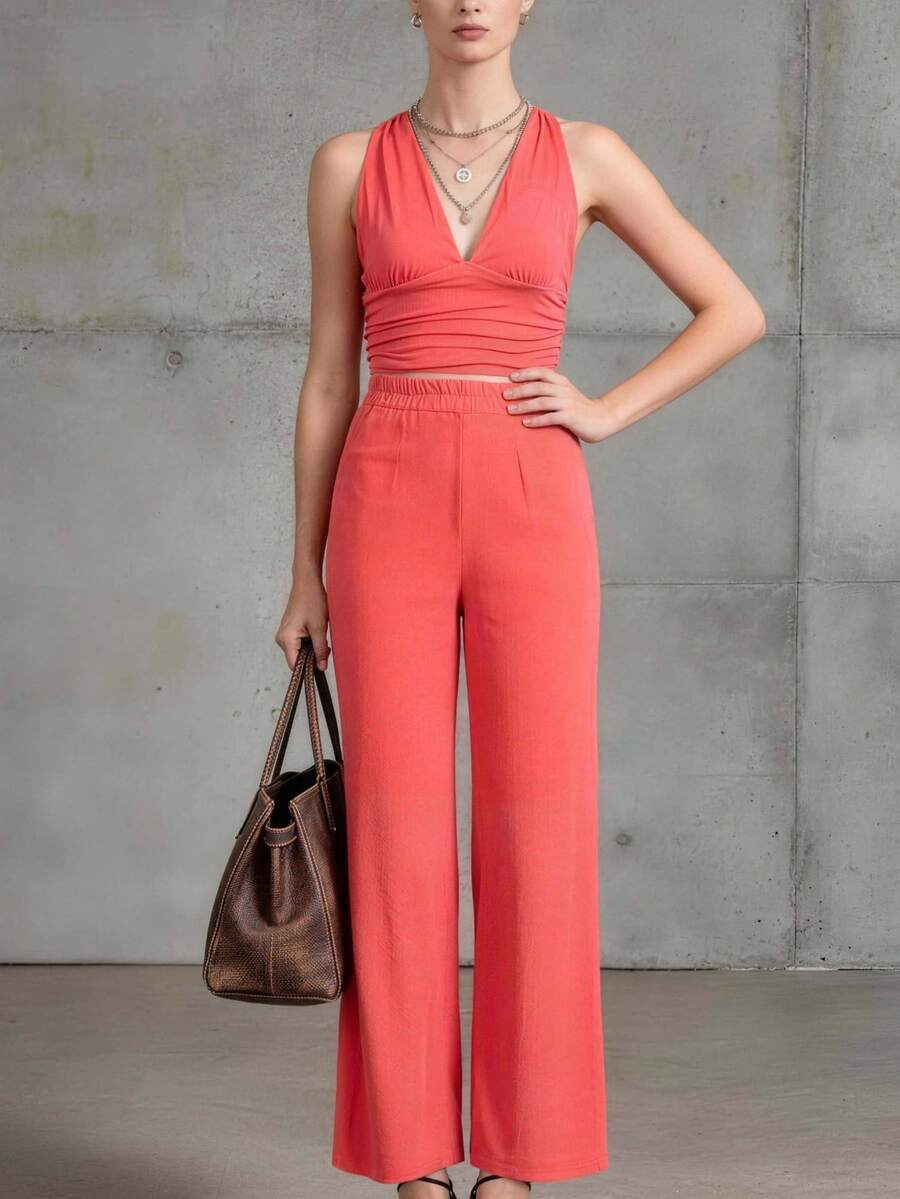 INAWLY Conjunto de 2 piezas de camiseta sin espalda y pantalones largos sólidos de uso diario para mujeres - Rosa Fucsia - Ver 1