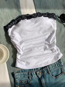 Comfortcana Black Lace Trim Patchwork Women's Bandeau Top - Yellow - View 7